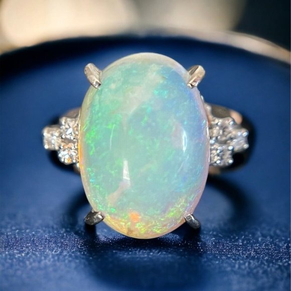Genuine 7.2 CT Opal Stone + Diamonds White Platinum 900 Gold Ring US Sz 5.75 - Picture 1 of 14